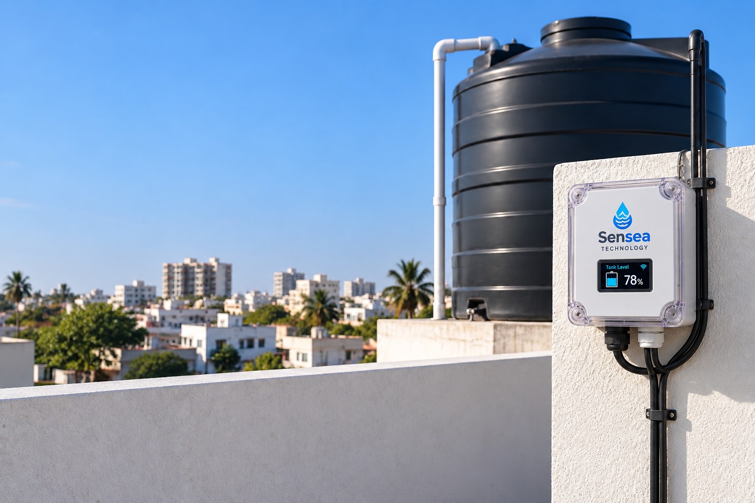 Sensea monitoring unit mounted on a rooftop wall beside a water tank