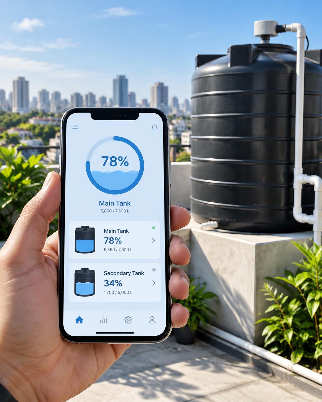 Sensea mobile dashboard beside a monitored rooftop tank